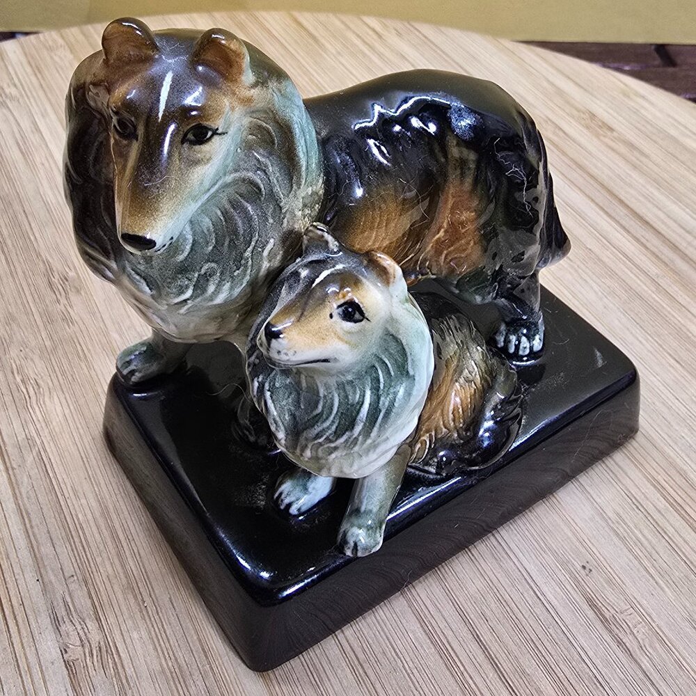 Vintage Small Collie Dog with Puppy, Ceramic, Brown Tones